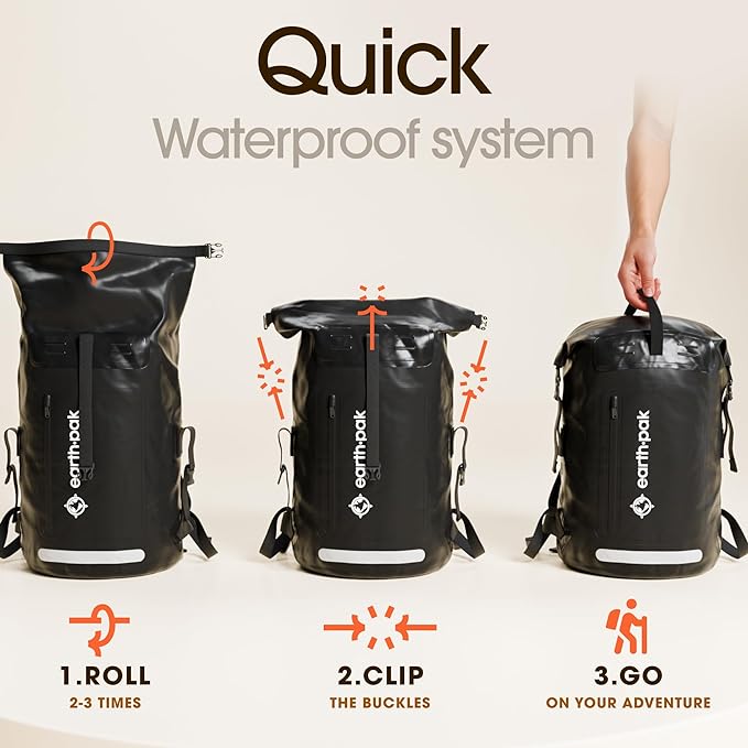 Earth Pak Waterproof Backpack - Heavy Duty Roll-Top Closure with Easy Access Front-Zippered Pocket and Cushioned Padded Back Panel for Comfort with IPX8 Waterproof Phone Case