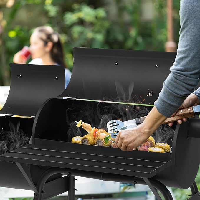 Large Charcoal Grill with Offset Smoker and Wood-Painted Side Table Outdoor Smoker Grill with 811 Sq. In. Cooking Area for Outdoor Patio Barbecue Camping Parties Event Black