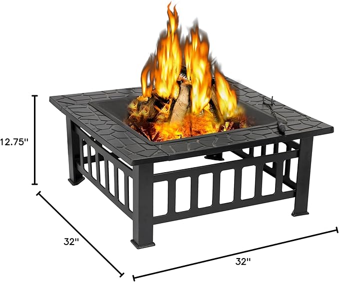 ZENY 32 inch Outdoor Fire Pit with Grill for Outside Wood Burning Square Metal Outside Fireplaces Spark Screen and Poker Included for Backyard Patio Camping Bonfire