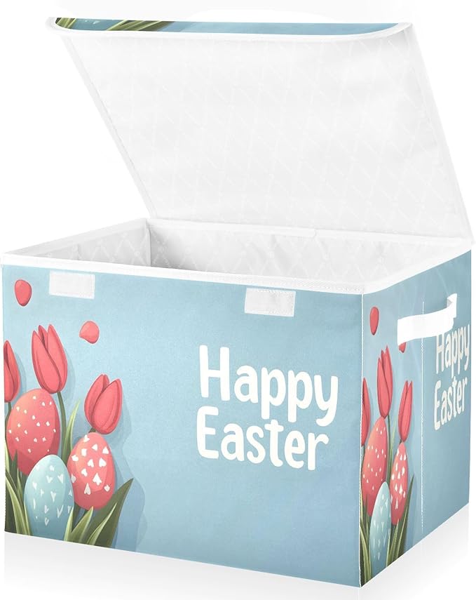 Happy Easter Pattern Foldable Storage Baskets Fabric Boxes with Handle Organizers with Flip-Top Lids Storage Bins for Home Bedroom Office