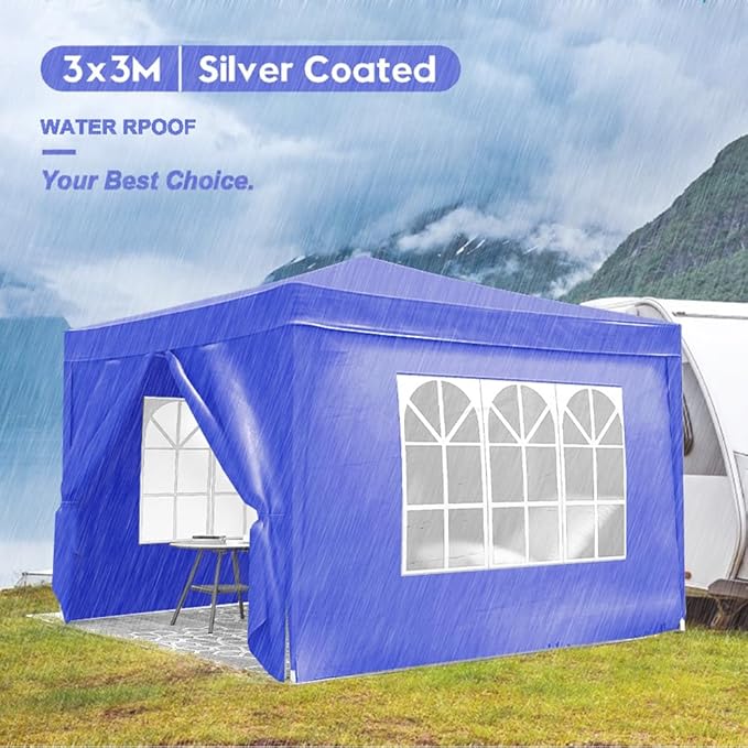 10'x10' Folding Canopy with 4 Removable Sidewalls Outdoor Event Shelter UPF 50+ Gazebo Portable Tents for Parties Beach Camping Wedding EZ Pop Up Canopy Weight Bag + Carry Bag (Blue)