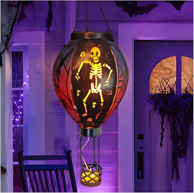 Halloween Outdoor Decorations Hot Air Balloon Solar Lantern with Flickering Flame Hanging Outdoor Lanterns with Skull Pattern Hollowed-Out Design Halloween Party Decor for Garden Patio (Halloween)