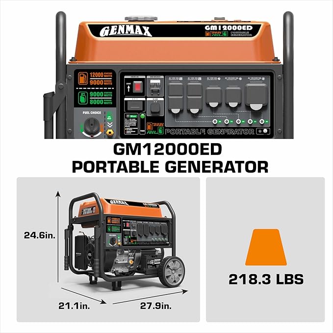 GENMAX Dual Fuel Portable GeneratorGM12000ED Gas or Propane Powered Electric Start-Home Back Up EPA Compliant