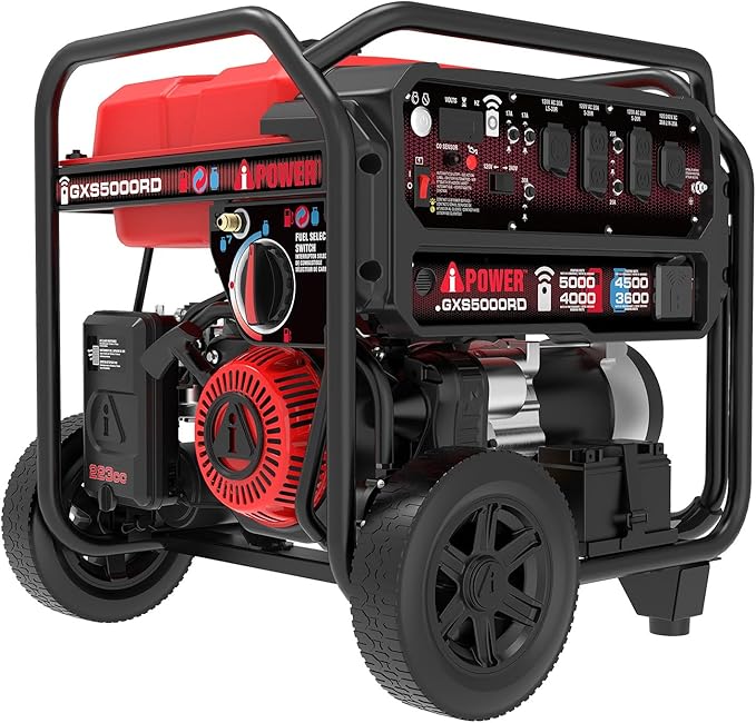 A-iPower 5000-Watt Remote Start Dual Fuel Portable Generator CO Sensor Shutdown Heavy Duty Generators with 223cc OHV Engine For Jobsite RV Home Backup Emergency(GXS5000RD)