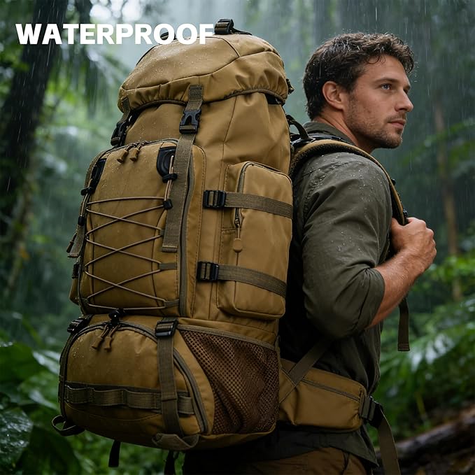 90L Camping Hiking BackpackMolle Military Tactical Rucksack BackpackWaterproof Lightweight Hiking Backpack (Khaki 90L)
