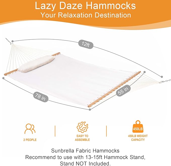 Lazy Daze Hammocks 12 FT Sunbrella Fabric Hammock not Fading with Spreader Bars and Free Pillow Fits for 2 Persons All Weather and Fade Resistant for Patio Yard 450 lbs Capacity Cast Pumice