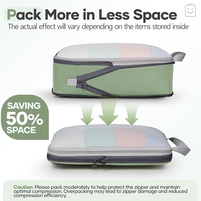 Veken 11 Set Compression Packing Cubes for Travel EssentialsCompressible Expandable Large Luggage Suitcase Organizer Bags for ClothingDurable Space Saver Storage Bags(Matcha Green)