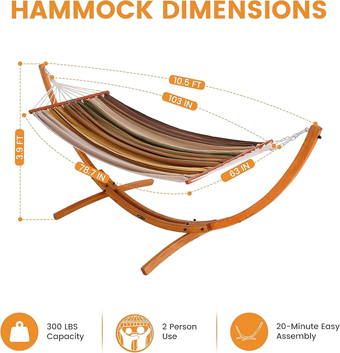 Lazy Daze Hammocks Cotton Fabric Spreader Bar Hammock and 10.5 Ft Wood Arc Hammock Stand Combo for Indoor Outdoor Patio Garden Backyard Khaki and Brown