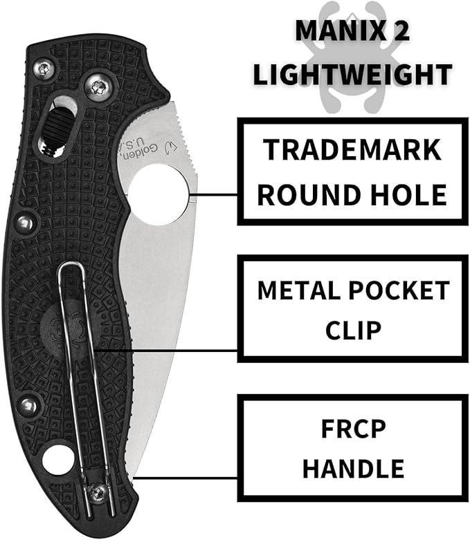 Spyderco Manix 2 Lightweight Folding Pocket Knife with 3.3 CTS BD1N Steel Blade and FRCP Handle - EDC Knife for Men and Women Perfect for Hunting Tactical Camping Survival - PlainEdge - C101PBK2