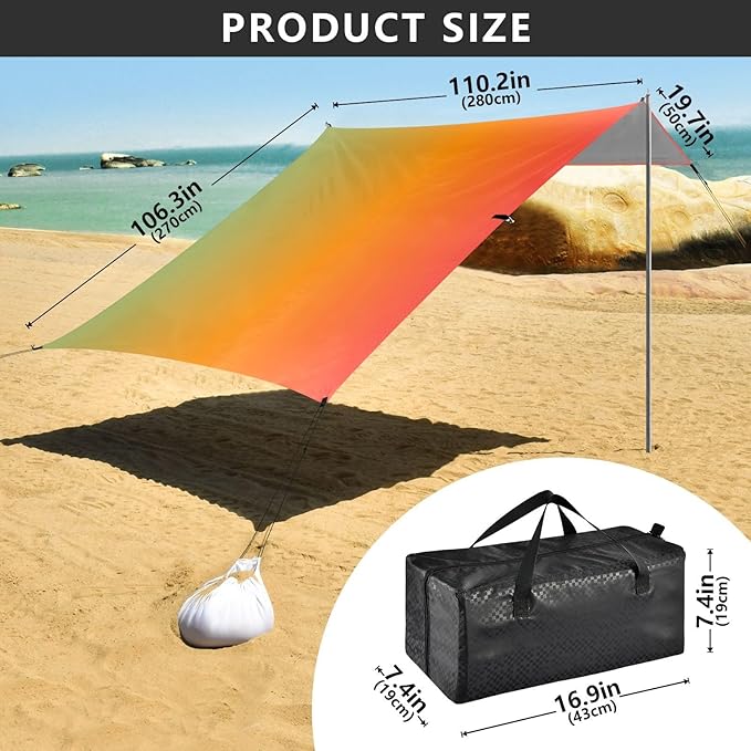 Green Red Gradient Foldable Beach Tent UPF50+ Waterproof Shade Sun Shelter with Sturdy Poles Sandbags and Shovel for Camping Picnics Backyard
