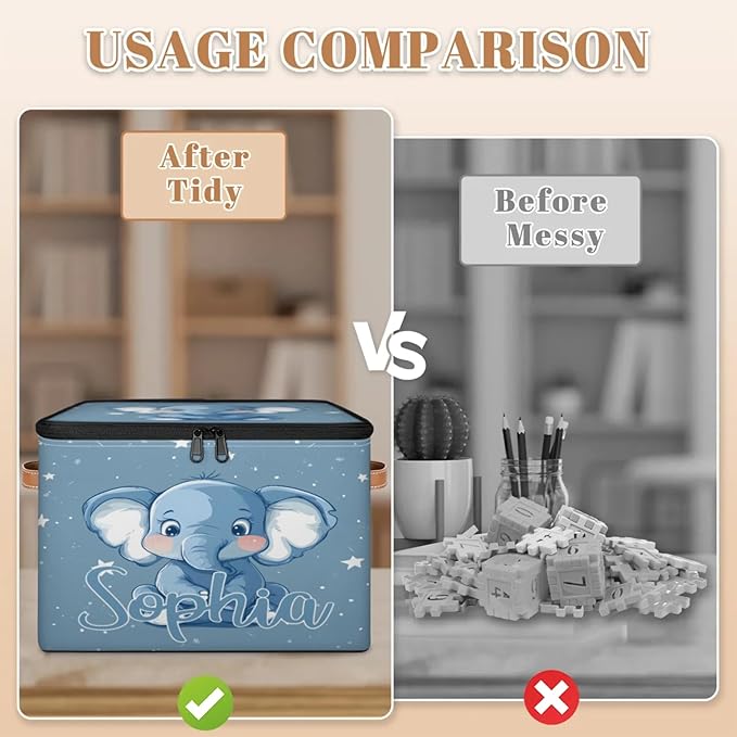 Custom Storage Basket with Name Personalized Storage Bins with Zipper Lid Foldable Fabric Storage Box Large capacity with Handle Elephant Star Blue