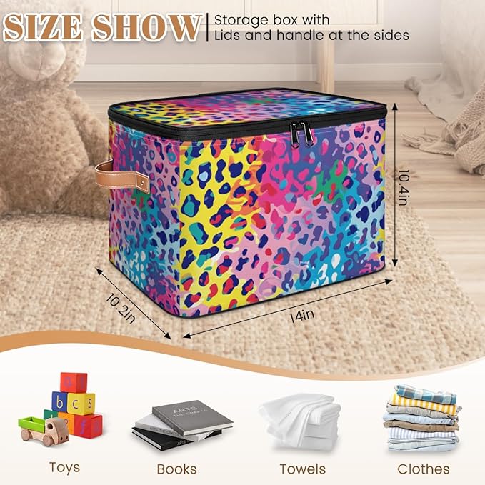 Storage Bin with Lid Leopard Stackable Closet Storage Bins Decorative Bedroom Organizer Box Lidded Baskets Living Room Storages Boxes Cube Organizer Cute Container with Handles