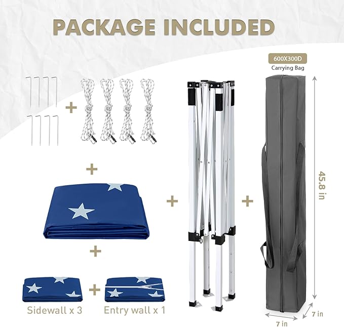 EAGLE PEAK 5x5 Instant Canopy with 4-Side Wall Panels Small Pop up Portable Canopy Tent with Carry Bag Light Weight Sun Shelter for Sports Camping and Beach American Flag