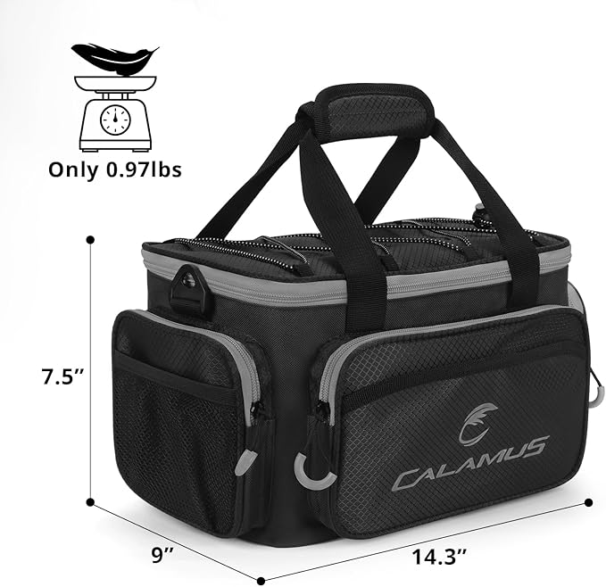 Calamus Fishing Tackle Bags - Saltwater &amp Freshwater Fishing Bags - Rip-Stop PE - Padded Shoulder Strap - Pliers Storage - Black