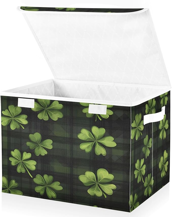 Doodle St. Patrick's Day Shamrock Pattern Foldable Storage Baskets Fabric Boxes with Handle Organizers with Flip-Top Lids Storage Bins for Home Bedroom Office
