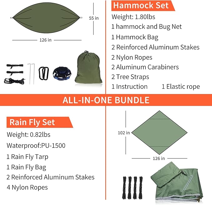 NewDoar Camping Hammock with Mosquito Net and Rain Fly TarpPortable Single Nylon Parachute Hammock Rainfly SetTree Straps Swing Hammock Bed for Outdoor Backpacking Backyard Hiking(ArmyGreen)