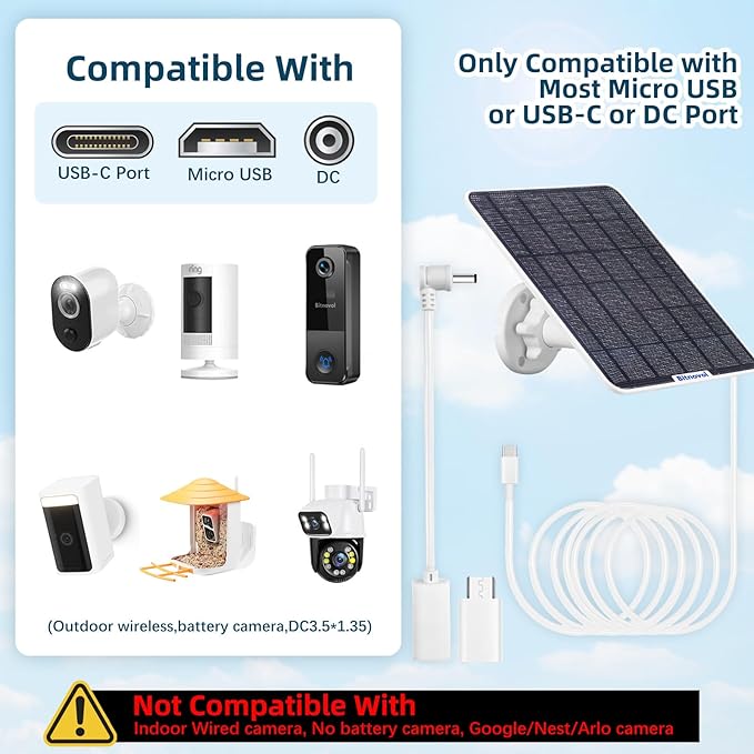 6W Upgraded Solar Panel for Security Camera6V USB C Solar Charger Match to Rechargeable Battery Powered Bird Feeder CamRing Camera Solar Panels with DC Micro-USB Port9.8ft Cable 360° Swivel Bracket