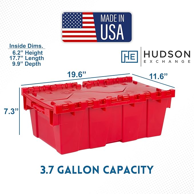 Hudson Exchange 19.6 x 11.6 x 7.3” (3.7 Gallon 5 Pack) Storage Tote Distribution Container with Hinged Attached Lid Red
