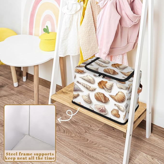 Seashell Storage Box with Lid Ocean Theme Collapsible Storage Bins Baskets Cubes Closet Shelf Clothes Organizer Containers with PU Leather Handles