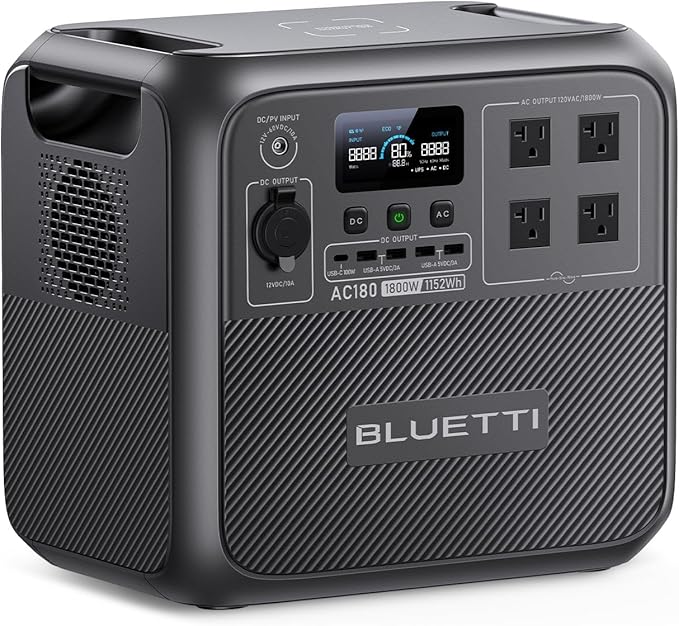 BLUETTI Portable Power Station AC180 1152Wh LiFePO4 Battery Backup w/ 2 1800W (2700W peak) AC Outlets 0-80% in 45Min Solar Generator for Camping Off-grid Power Outage
