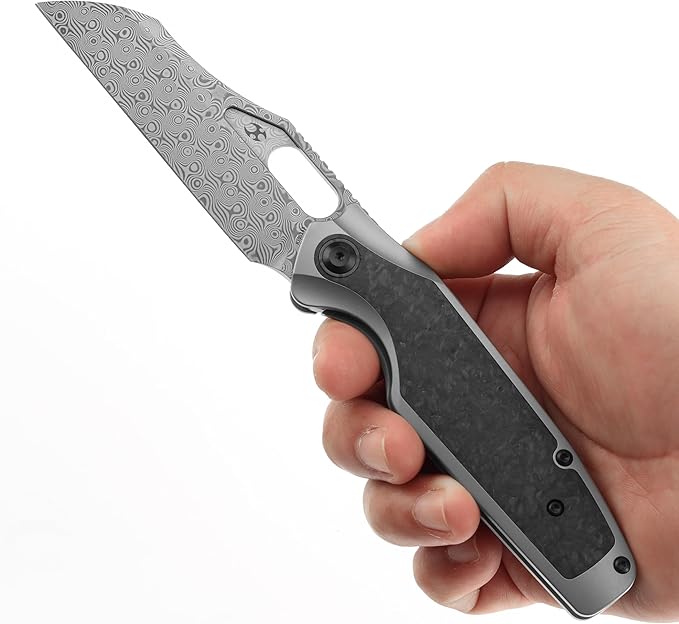 KANSEPT Tuckamore Camping Pocket Knives for Men 8.12in Folding Pocket Knives with 3.54in Damascus Material and Titanium Shred Carbon Fiber Timascus Clip Handle for Outdoor Tactical Survival K1052A5