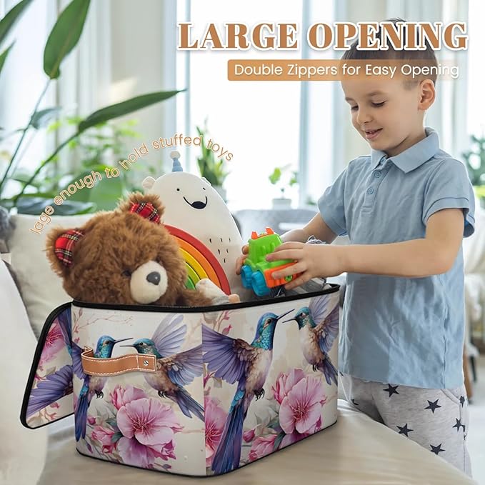 Storage Bins with Lids Flower Hummingbird Storage Basket Clothes Organizer with Handles Closet Storage Containers for Clothing Bedding Blanket