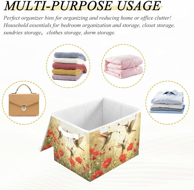 Collapsible Storage Bins with Lids Decorative Fabric Storage Cubes Closet Organizer and Storage Basket Boxes Containers for Clothes Box Chest Nursery Folding Rectangle Yellow Hummingbirds and