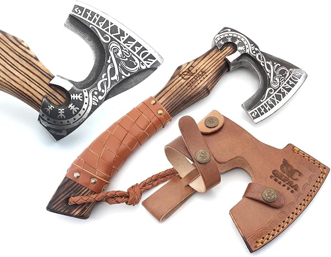 13” Inch Viking Axe- Ash Wood Handle Hatchets and Axes with Leather Wrap Wood Splitting Axe Camping Axe Throwing Axes and Tomahawks - Gift for Father’s Day Husband(Rare Viking)