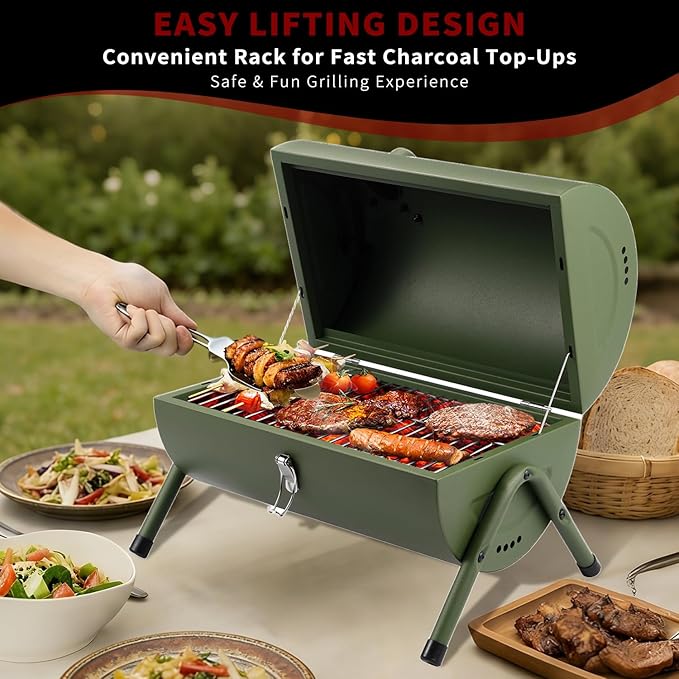 Portable Charcoal Grill Tabletop Outdoor Barbecue Smoker Small BBQ Grill for Outdoor Cooking Backyard Camping Picnics Beach by DNKMOR GREEN