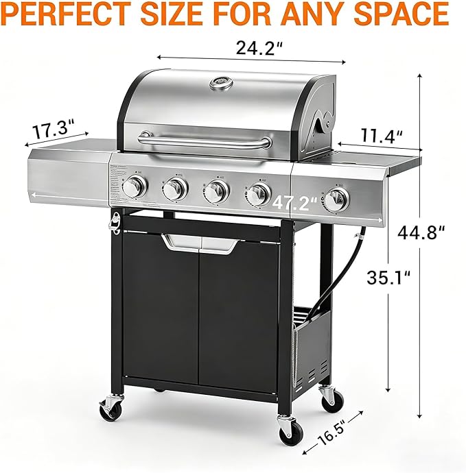 EUHOME 51000 BTU 4-Burner Propane Gas Grill with Side Burner – Large 452 sq.in Stainless Steel BBQ Grill Enameled Cast Iron Grates 4 Swivel Casters &amp Protective Cover for Backyard Patio Family