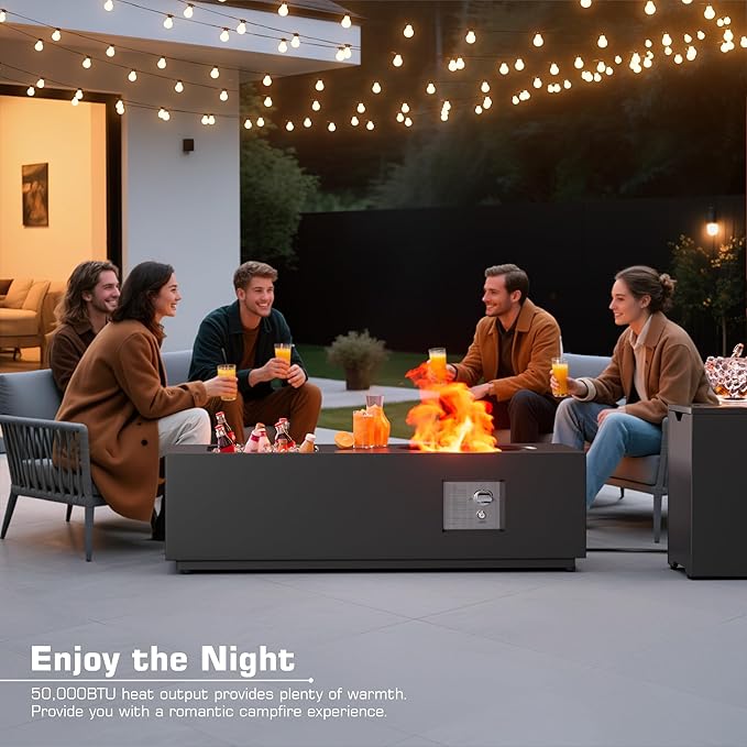 2-Piece 48 Rectangular Propane Fire Pit for Outside Patio with Hidden Tank Table &amp Ice Bucket 50000 BTU Fireplaces with Lid Glass Rocks Cover(Black w/Ice Bucket)