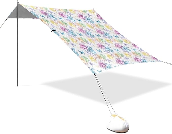 ALAZA Rose Flower Butterfly Rainbow Color Beach Tent Sun Shelter UPF50+ Protection Beach Shade Canopy w/ 4 Sandbags for Outdoor Camping Fishing Backyard Fun Picnic 10x9 ft