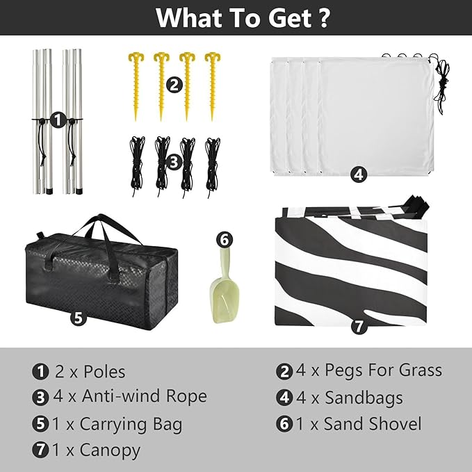 ALAZA White Black Tiger Prints Beach Tent Sun Shelter UPF50+ Protection Beach Shade Canopy w/ 4 Sandbags for Outdoor Camping Fishing Backyard Fun Picnic 10x9 ft