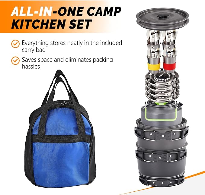 ROVSUN 34/10/6 pcs Camping Cookware Mess Kit Lightweight Non-Stick Camping Cooking Pot and Pan Set with Stainless Steel Camping Gear Kettle Cup for Open Fire Backpacking Outdoor Cooking