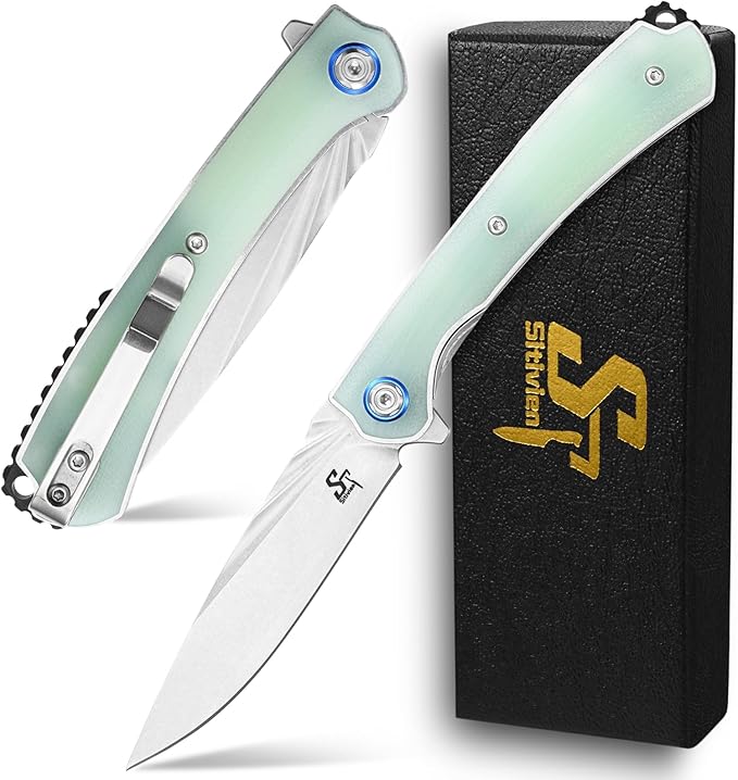 Sitivien ST144 Folding Knife14C28N Steel BladeG10 Handle Pocket Knife for Outdoor EDC CampingSurvivalHikingFishing(Jade)