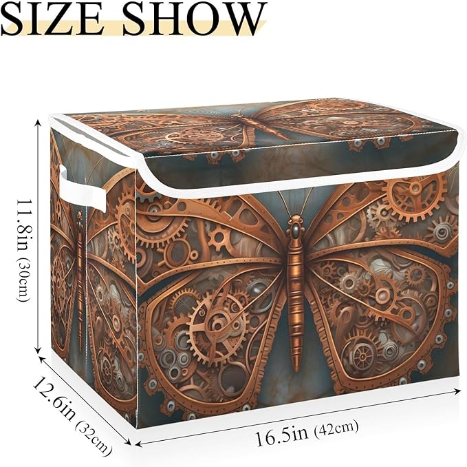 Steampunk Butterfly Storage Cube with Lid Collapsible Flip-top locker Fabric Storage Bins Basket with Handle for Home Bedroom Closet Office 16.5×12.6×11.8 in