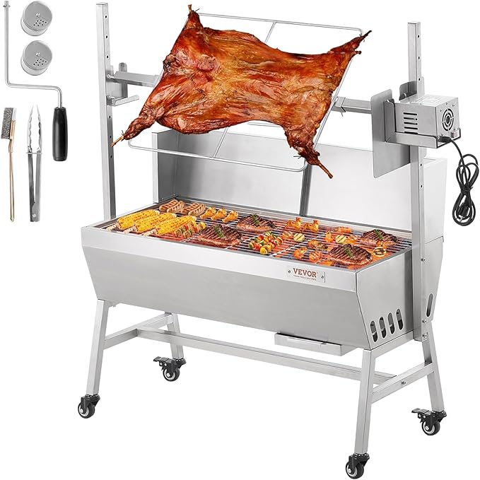 VEVOR Rotisserie Grill with Windscreen BBQ Whole Pig Lamb Goat Charcoal Spit Grill 35 Inch 90 Lbs Capacity Electric 42W Motor Stainless Steel Roaster with Lockable Wheels for Camping Outdoor