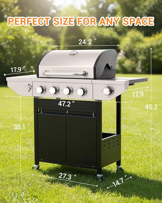 EUHOME 4-Burner Propane Gas BBQ Grill with Side Burner 46500 BTU Output Stainless Steel Barbecue Grill with Enameled Cast Iron Grates and Side Tables for Outdoor Cooking Kitchen and Patio Backyard