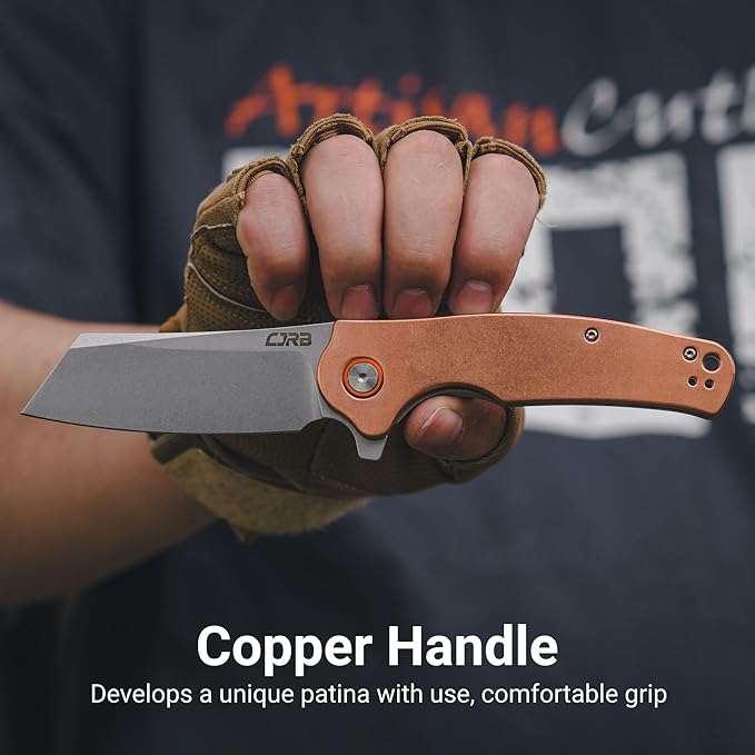 CJRB Crag Folding Pocket Knife 3.43 D2 Steel Blade Copper Handle EDC Knife with Pocket Clip for Men Women Camping Survival Hiking Stone Wash (J1904)