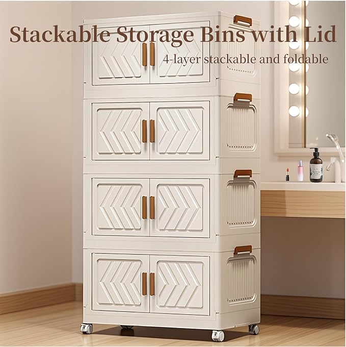 4-Tier Stackable Storage Bins with Lids 94QT Plastic Large Collapsible Storage Containers with Wheels and Magnetic Doors Foldable Closet Organizers for Bedroom Dorm Garage Home Office White