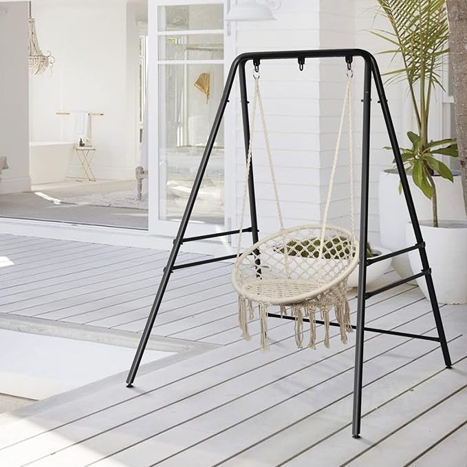 Outdoor Hammock Chair StandA-Shaped Metal Swing Stand FrameWeather Resistant Hammock Swing StandHeavy Duty Hanging Chair Stand Onlywith Three Hooksfor Bedroom Garden Patio Porch (Black)