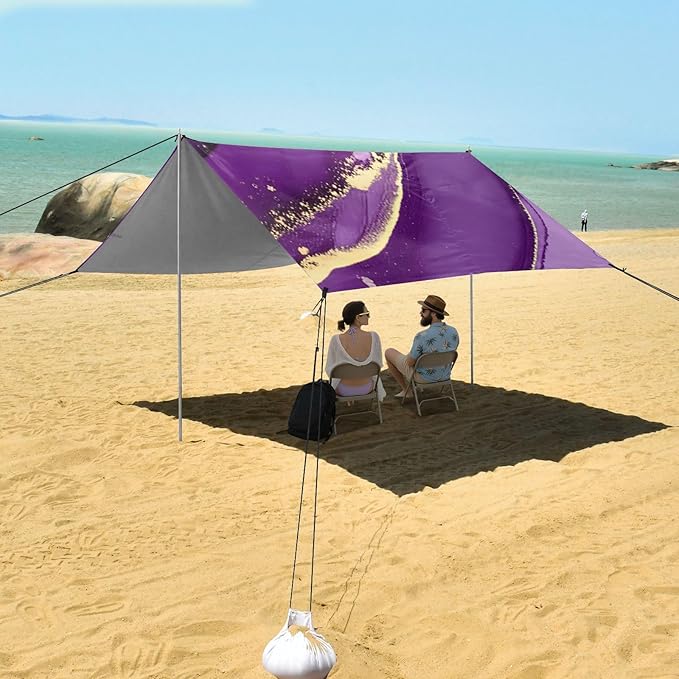 Beach Canopy with Windproof Ropes &amp Sandbags Beach Tent Sun Shade Sun Shelter for Camping Trips Fishing Backyard Fun or Picnics Purple Texture