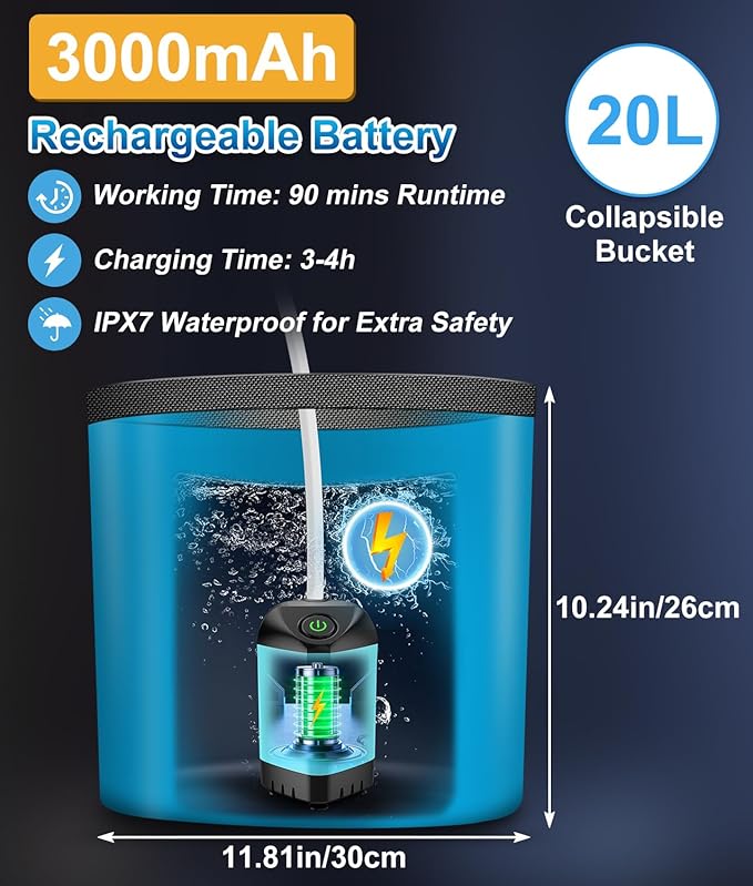 WADEO Portable Shower for Camping Outdoor Electric Shower Rechargeable Pump with 20L Collapsible Bucket Camping Shower Head Nozzle for Camping Hiking Traveling Washing