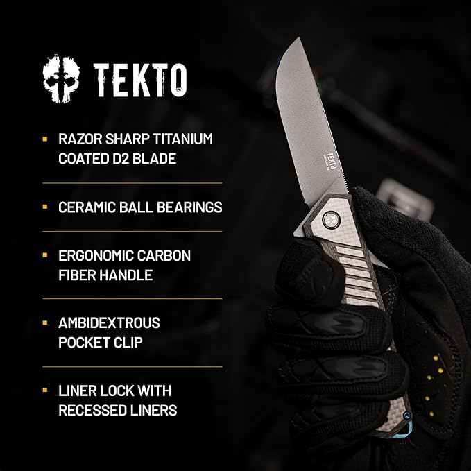 TEKTO F1 Alpha Folding Pocket Knife - Modified Straight Back BladeTitanium Coated D2 Steel Ideal for Outdoor Camping and Backpacking Tactical Carbon Fiber Handle Blue Titanium Accents