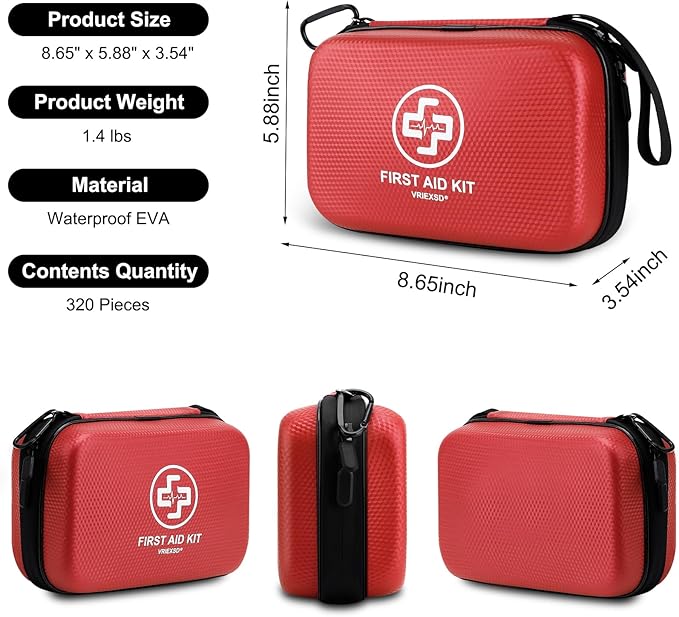 VRIEXSD Premium First Aid Kit 320 Piece Waterproof Hard Shell Eva First Aid Kit for Home Camping Cars Hiking Travel Businesses &amp Outdoor Emergencies - Emergency Medical Kits (Red)