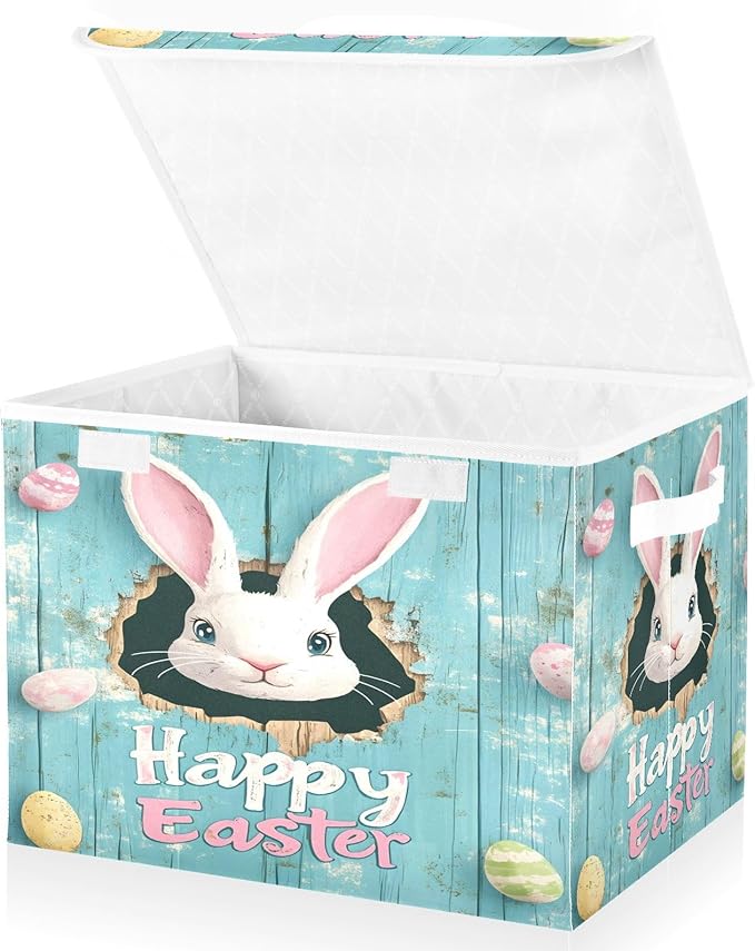 Happy Easter Pattern Foldable Storage Baskets Fabric Boxes with Handle Organizers with Flip-Top Lids Storage Bins for Home Bedroom Office