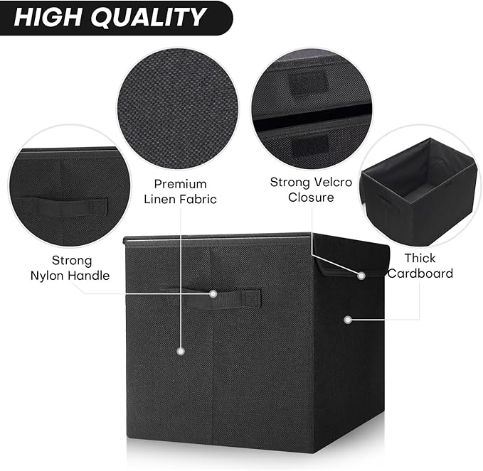 Bagnizer Large 22 Quart Linen Fabric Foldable Storage Bin Cube Organizer Basket with Flip-Top Lid &amp Handles Clothes Blanket Box for Home Office Closet Black 4 Pack 14.6 x 9.5 x 9.5”
