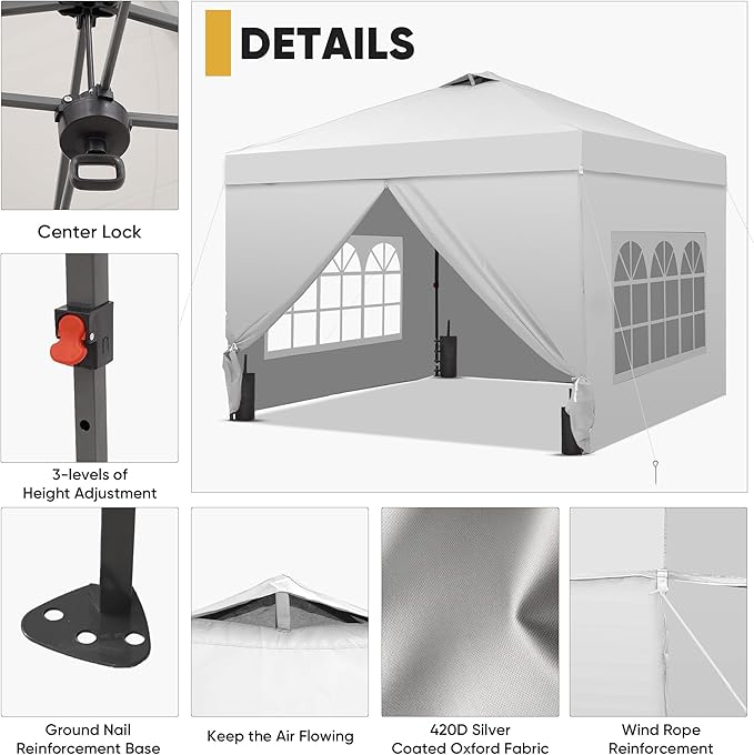 GDY 10x10 Pop Up Canopy Tent with 4 Sidewalls Easy Set up with One Push Lift Outdoor Silver Coated Beach Gazebos Carpas with 4 Sandbags for Events PartiesCamping White.