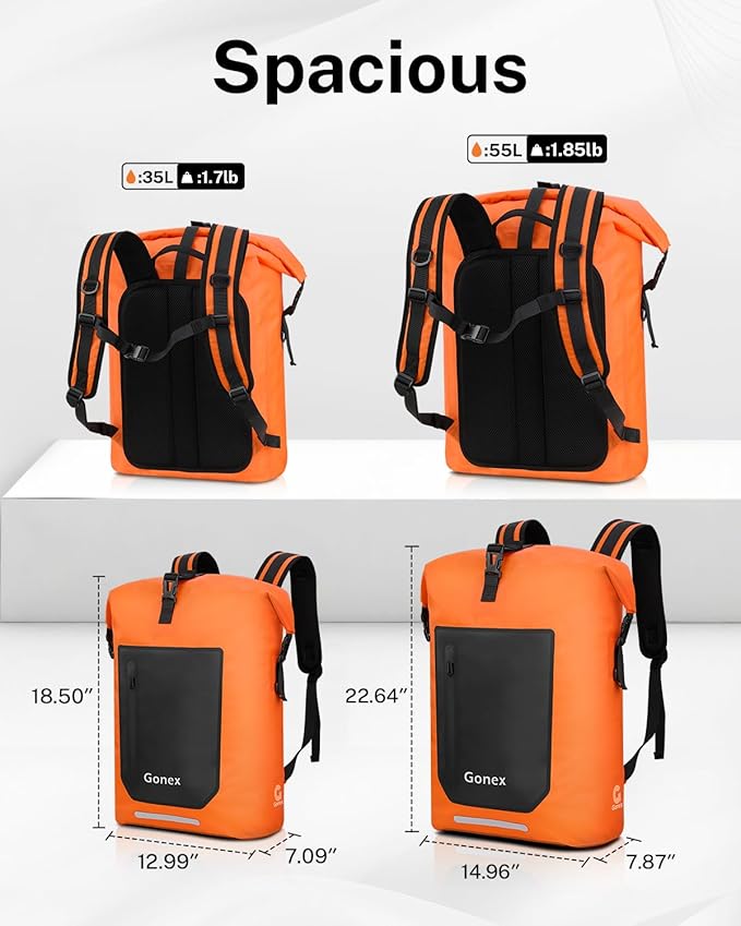 Gonex Ultralight Waterproof TPU Backpack 55L Roll Top Dry Bag with Comfortable Padded Back Panel for Kayaking Boating Camping Fishing TravelOrange