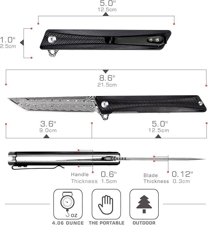 REMETTE Damascus Pocket Knife GD22K Flipper Open Tanto Blade Damascus Steel Folding Pocket Knives with Pocket Clip G10 Handle Men Women Sharp EDC Pocket Knife Camping Hiking Gift